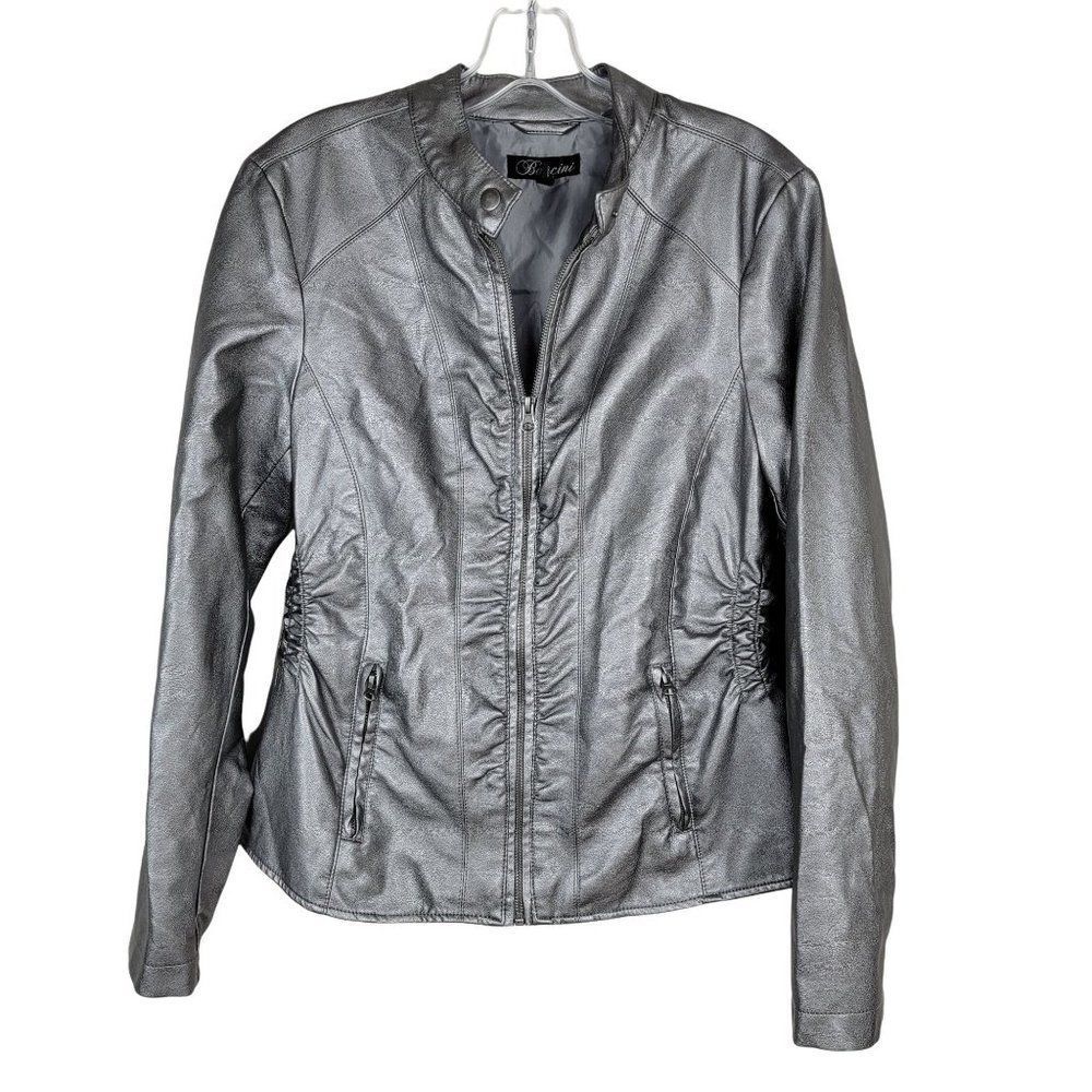 Baccini Gun Metal Metallic Faux Leather Full Zip Ruching Moto Jacket Size M